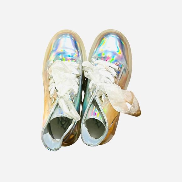 YRU silver holographic boots with sheer white ribbon laces ⭐️ - Picture 1 of 9